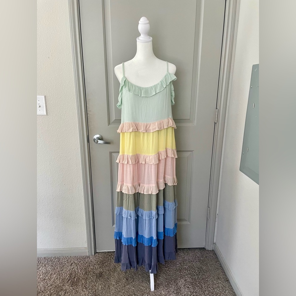 Ces Femme Pastel Multi-Color Ruffle Tiered Midi Dress